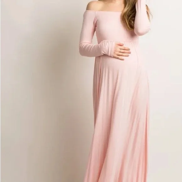 knee length dresses for ladies Pink Floral Chiffon Babydoll Long Sleeve Maternity Dress – The Prissy  Pelican main image 0
